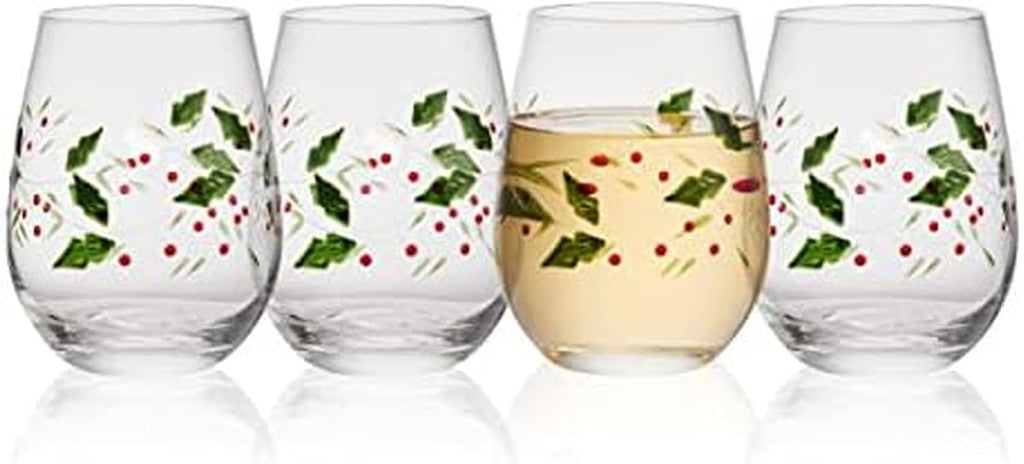 Pfaltzgraff Winterberry 4-Piece Hand-Painted Glass Water Goblets 14 oz