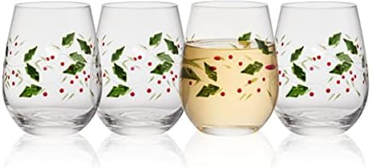 Pfaltzgraff Winterberry 4-Piece Hand-Painted Glass Water Goblets 14 oz
