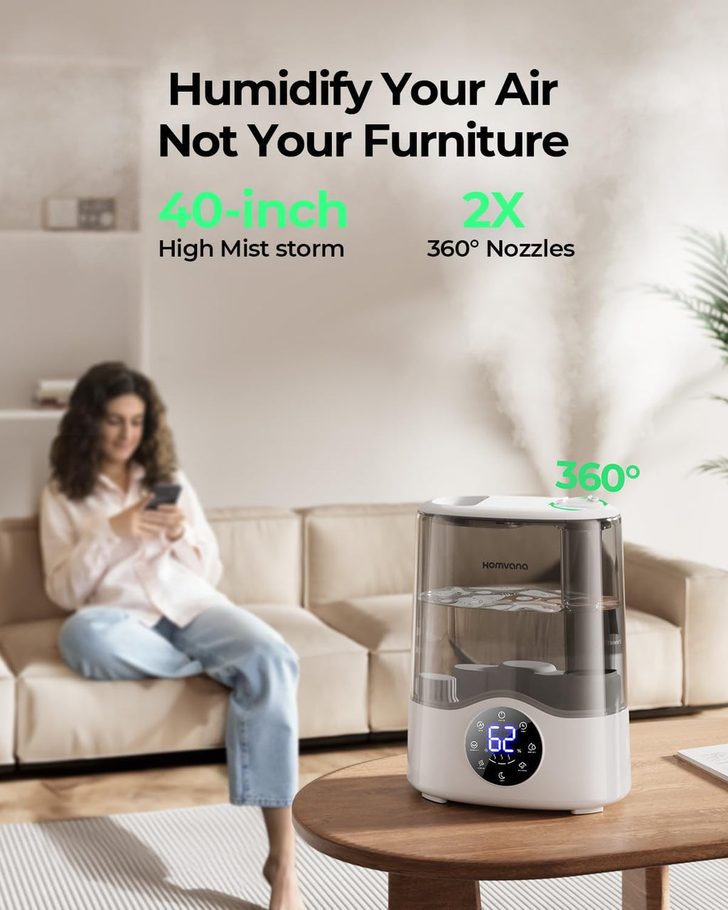 Homvana Humidifier Large Room, 7L (807ft²) Smart Warm and Cool Mist, Top-Fill Humidifiers for Bedroom Baby Nursery Grow Tent, Auto Adapt Mist Quick Air Humidity Indoor, Easy to Clean, Quiet, Diffusers
