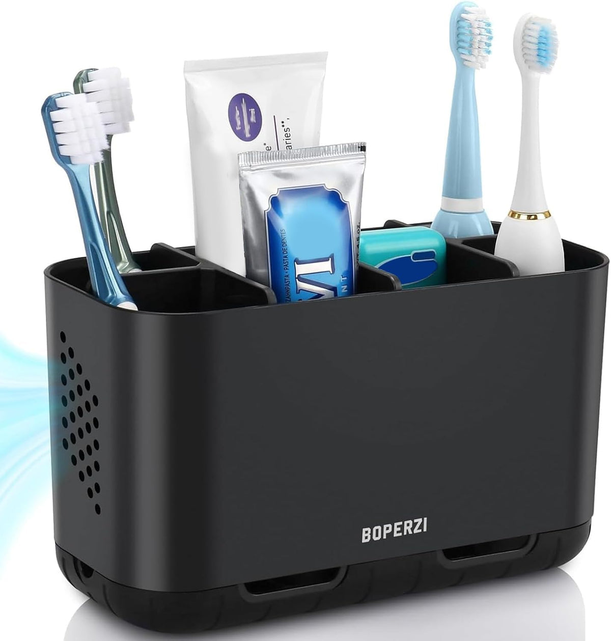 Boperzi Toothbrush Holders for Bathrooms Organizers and Storage, Large Tooth Brush Holders with Drainage, Anti-Slip Electric Toothbrush and Toothpaste Holders Caddy for Shower Kids Family, Black