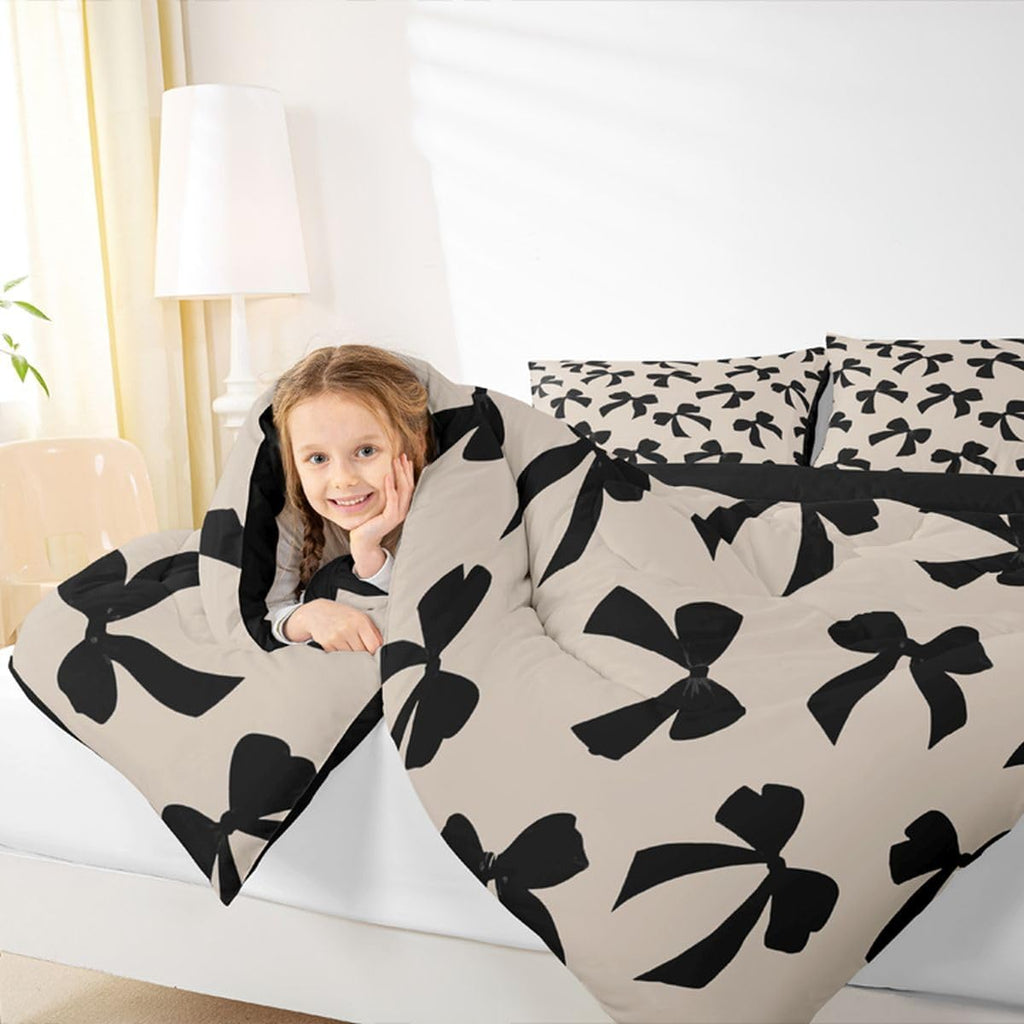 Feelyou Bow Comforter Set Toddler Size Elegant Bedding Set for Kids Boys Girls Kawaii Bow Duvet Quilt Black Bedroom Decor 2 Pcs with 1 Pillow Cases