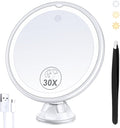 Lighted Makeup Mirror with 30X Magnification, 30X Magnifying Mirror Suction Cup with Light, 3 Color Modes and Adjustable Brightness, 360°Swivel Magnifying Mirrors with Light for Vanity 1500mAh
