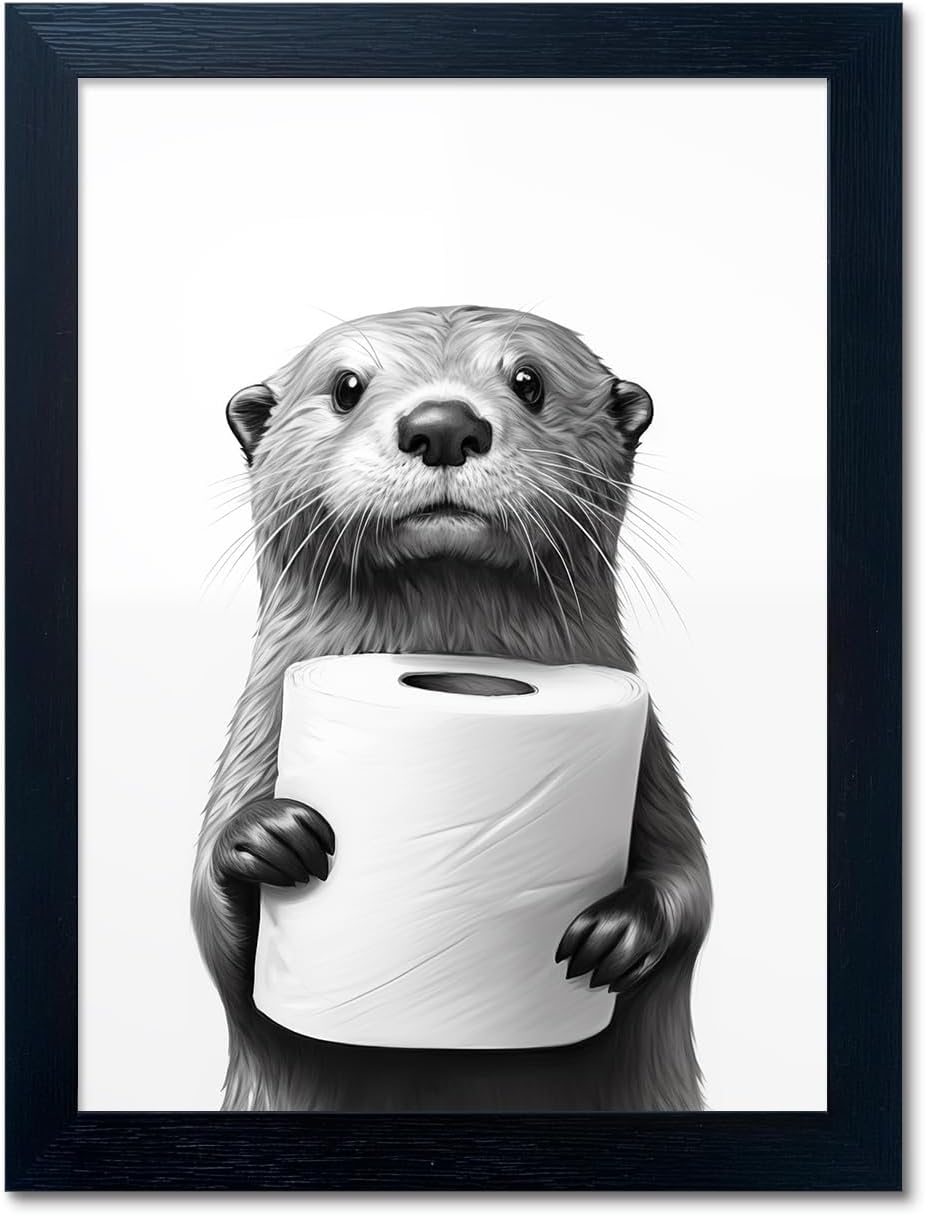 Bathroom Picture Wall Decor, Framed Black and White Bathroom Wall Art, Toilet Paper in Little Funny Raccoon's Hand Animal Canvas Print Painting