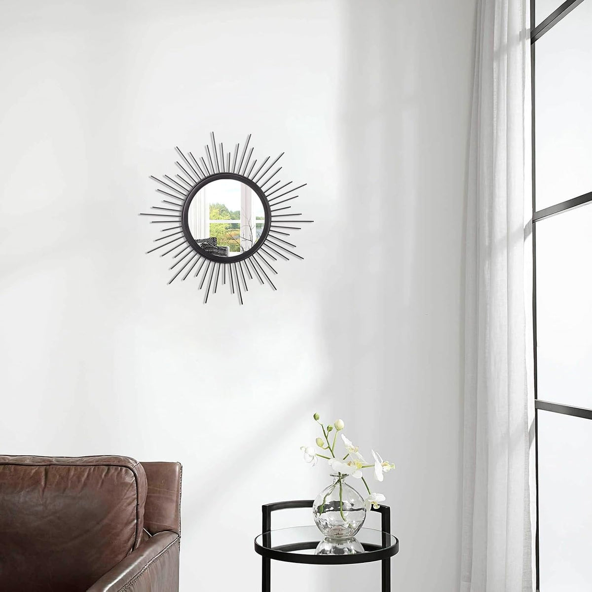 Sunburst Wall mirror Black Small Spoked Wall Decor Mirror Bohemian Home Round Modern Metal Wall Art Mirror for Living room Hallway Bedroom Bathroom Balcony Farmhouse Entrance 12"