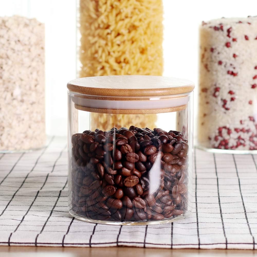 LEAVES AND TREES Y Stackable Kitchen Canisters Set, Pack of 5 Clear Glass Food Storage Jars Containers with Airtight Bamboo Lid for Candy, Cookie, Rice, Sugar, Flour, Pasta, Nuts