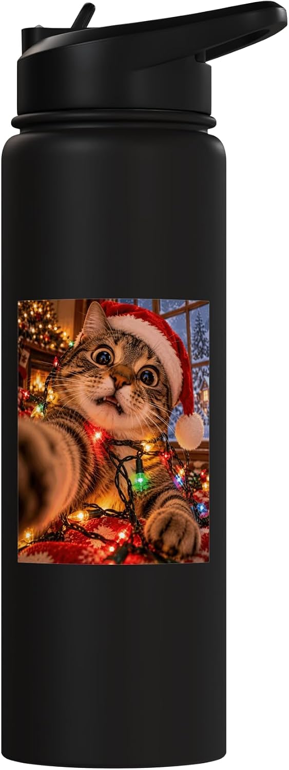 Curious Cat Tangled in Colorful Christmas Tree Fairy Lights Stainless Steel Insulated Water Bottle