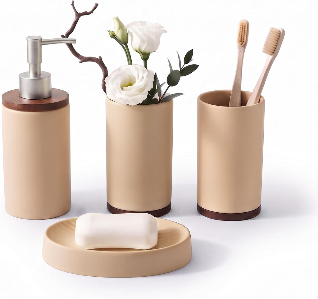 LarqeeWare Ceramic Bathroom Accessories Set 4 Pcs, Matte Bathroom Sink Set