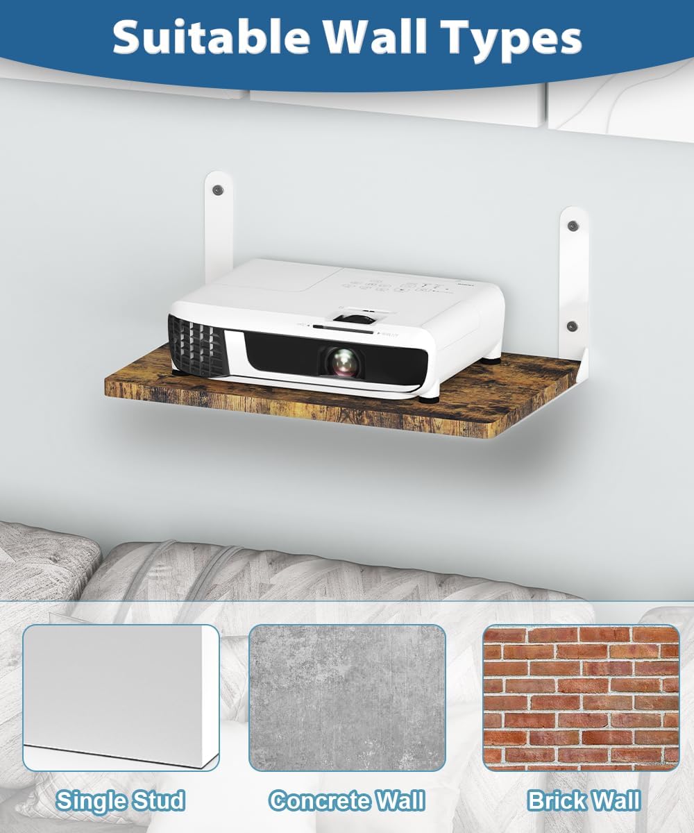Wall-Mounted Projector Shelf, Wooden Media Holder Holds Up to 24 lbs, Floating Entertainment Shelves Furniture for Cable Box, WiFi Router, TV Box, Game Console, DVD Player, White