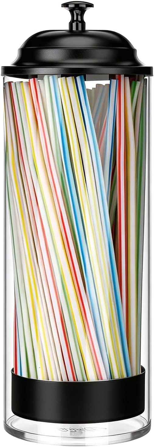 Glass Straw Holder Dispenser w/Lid, Clear Container for Counter