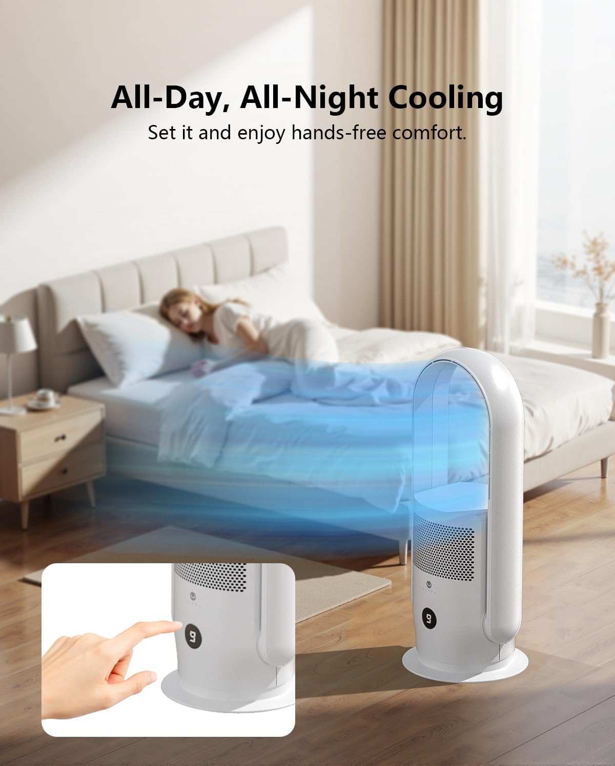 ULTTY Bladeless Tower Fan and Air Purifier Combo, Quiet Oscillating Fan with Remote & Touch Control, 9 Speeds, 8H Timer, HEPA Air Filter, Safe Floor Fan for Bedroom Home Office White, 23.5"inch
