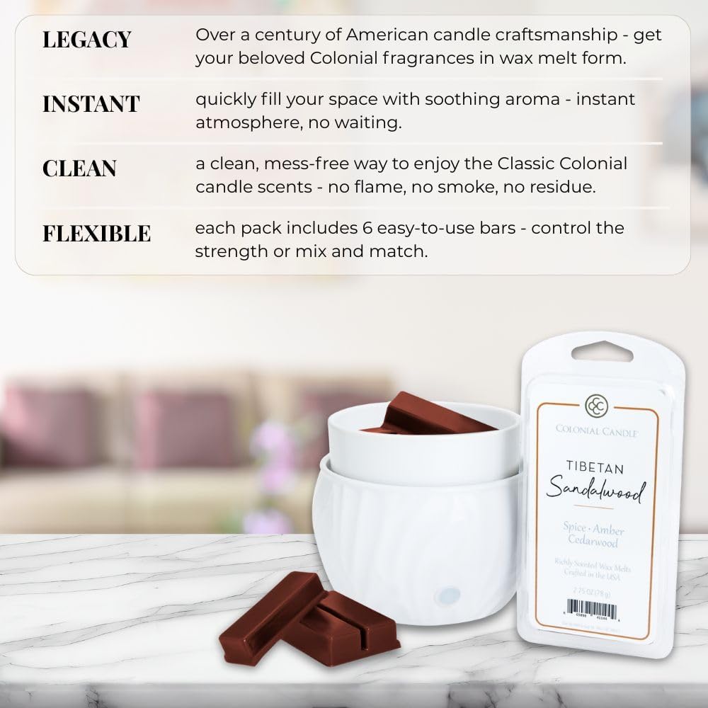 Colonial Candle Tibetan Sandalwood Scented Wax Melts, Wax Melt Warmer Cubes, Long Lasting Scented Wax Warmer Cubes, 4 Pack, 6 Cubes Each - Made in The USA