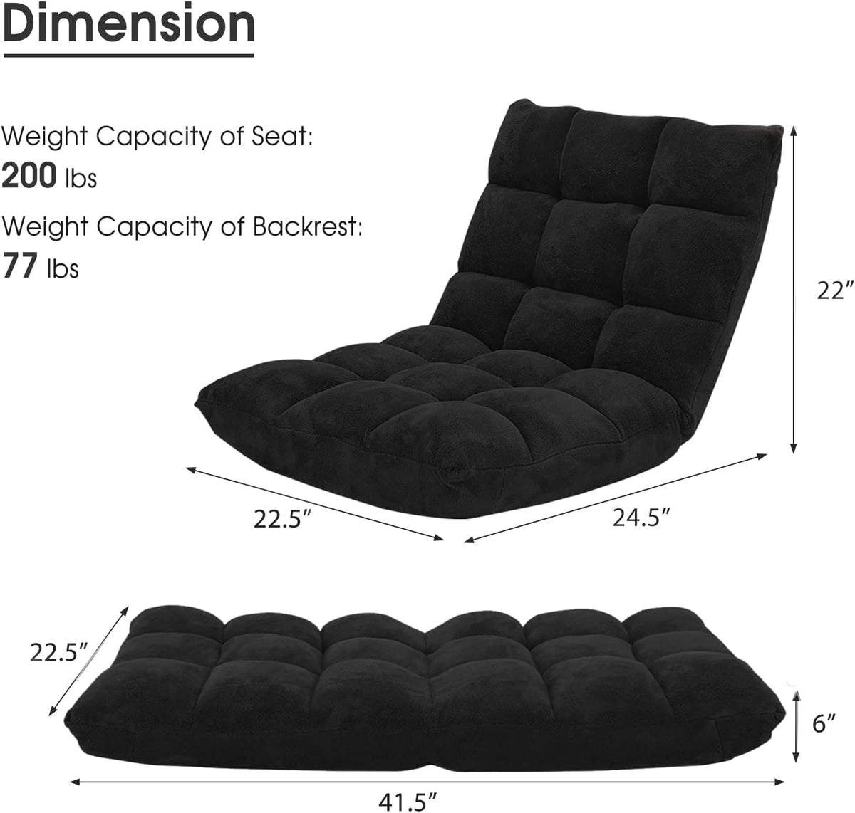 Adjustable 14-Position Floor Chair, Padded Gaming Sofa Chair, Transformable Folding Sleeper Lounge, High Back Lazy Sofa, Great for Reading, Gaming, Meditation (Black)