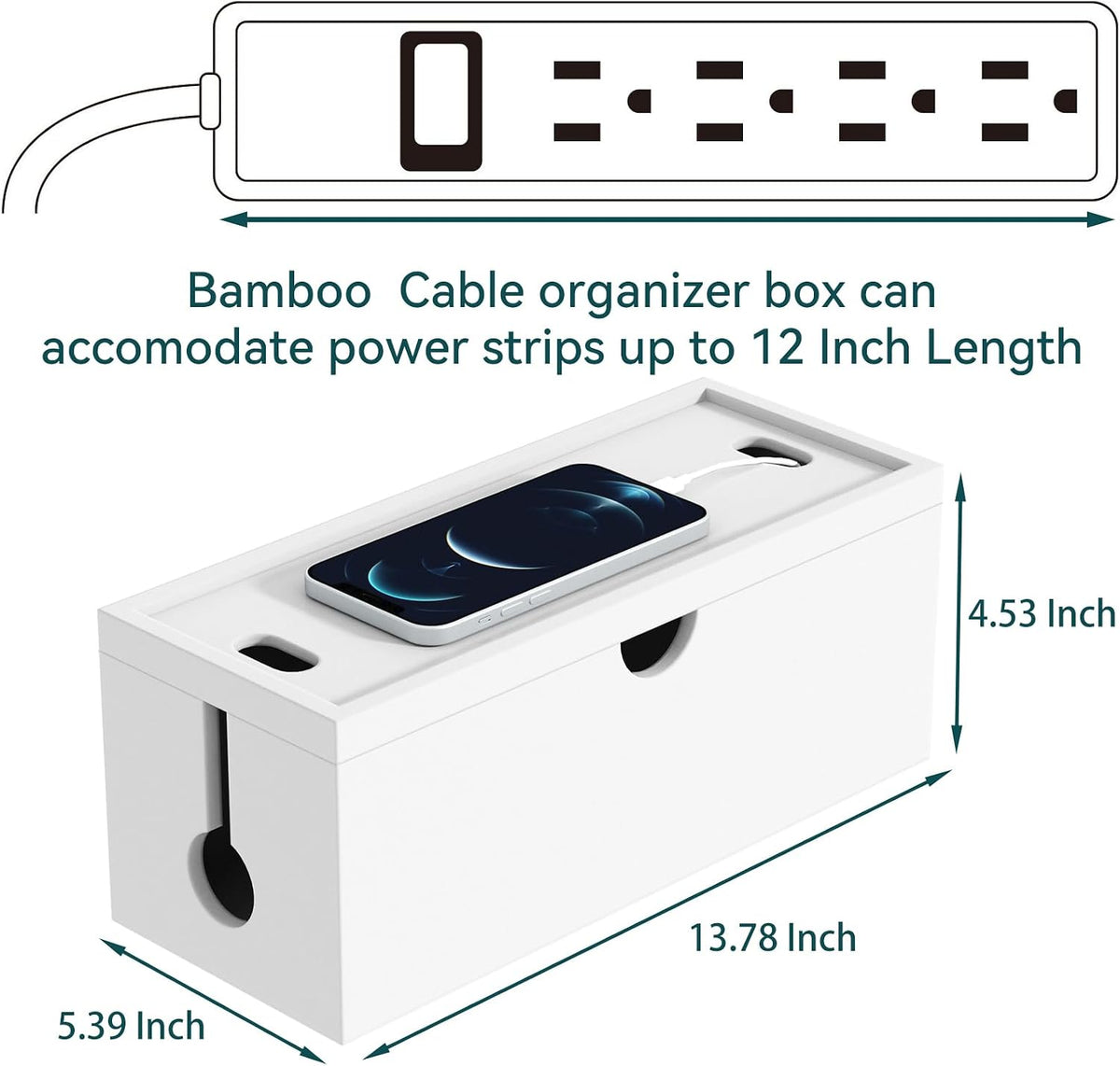 Bamboo Cable Management Box, Large Cord Organizer Box Cable Box to Hide Wires & Power Strips for Desktop Storage Cord Holder for Office Home,No Assembley Required (All White, 1Medium)