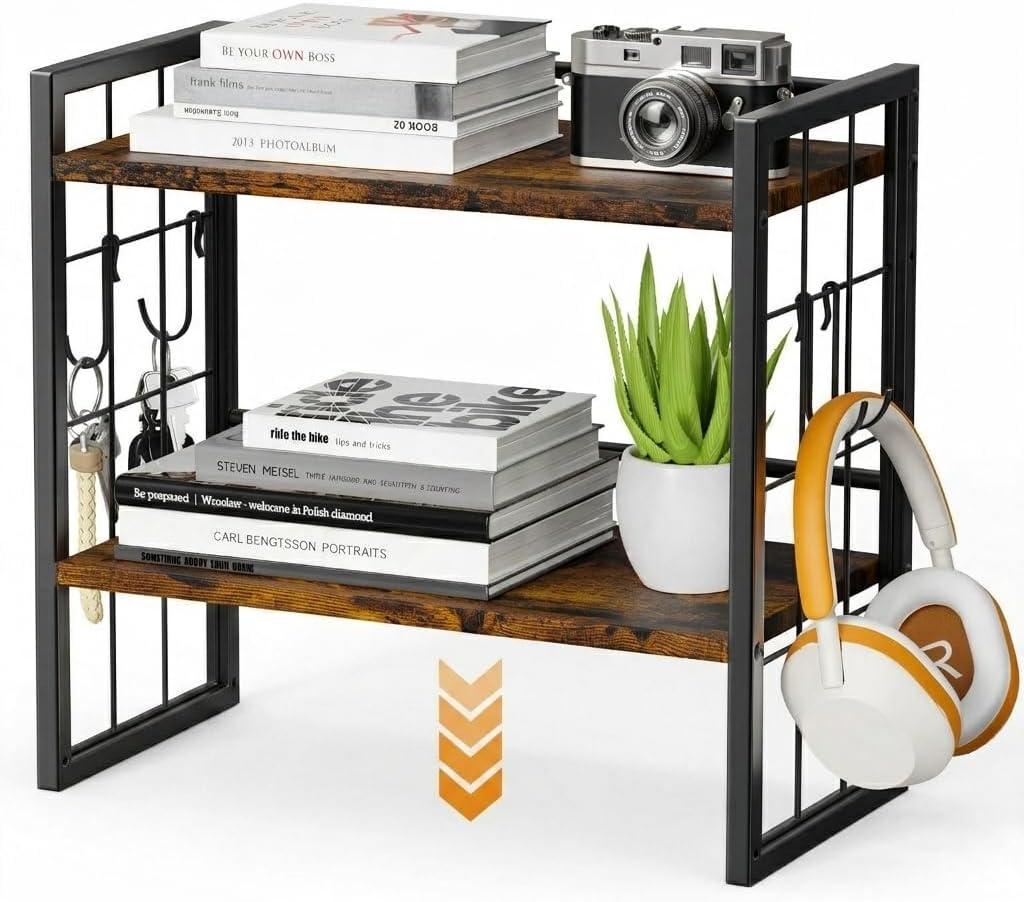 2-Tier Desktop Bookshelf, Desk Shelf Organizer, Rustic Brown