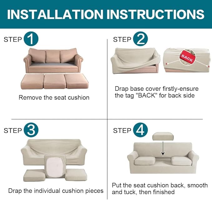 Turquoize 4 Piece Sofa Covers for 3 Cushion Couch Sofa Slipcover Soft Couch - Image 6