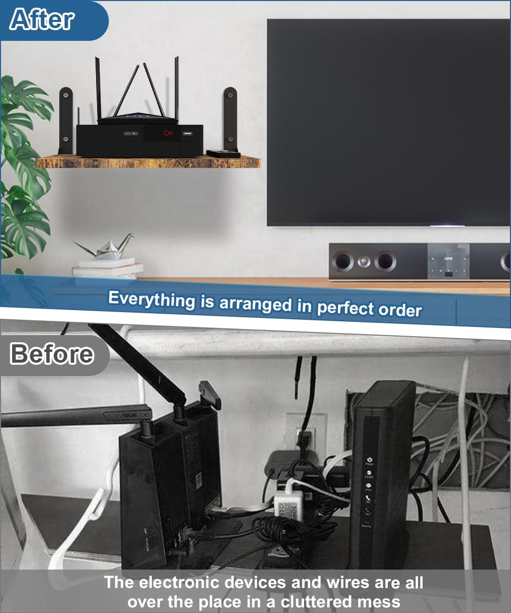 Wall-Mounted Projector Shelf, Wooden Media Holder Holds Up to 24 lbs, Floating Entertainment Shelves Furniture for Cable Box, WiFi Router, TV Box, Game Console, DVD Player, Black