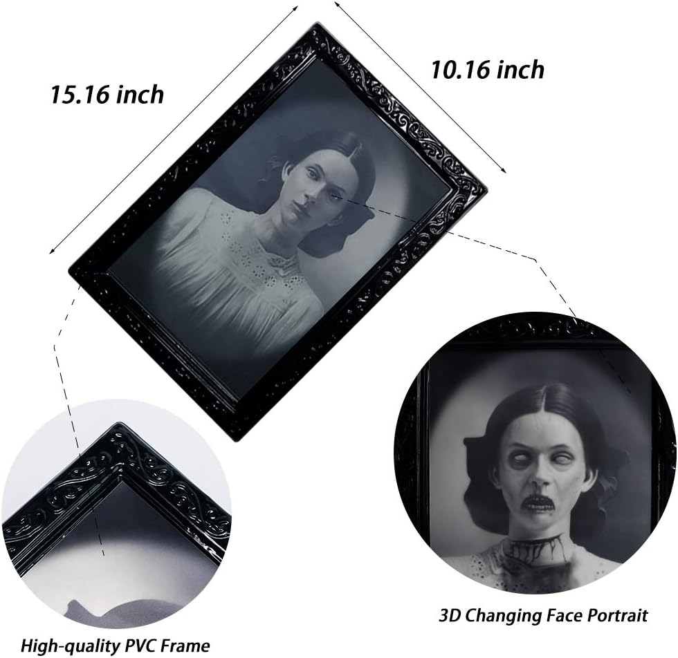 YBB 4 Pack Halloween Moving Picture Frame, 3D Changing Face Horror Portrait Scary Decoration for Home Halloween Party, Castle, Haunted House Decor
