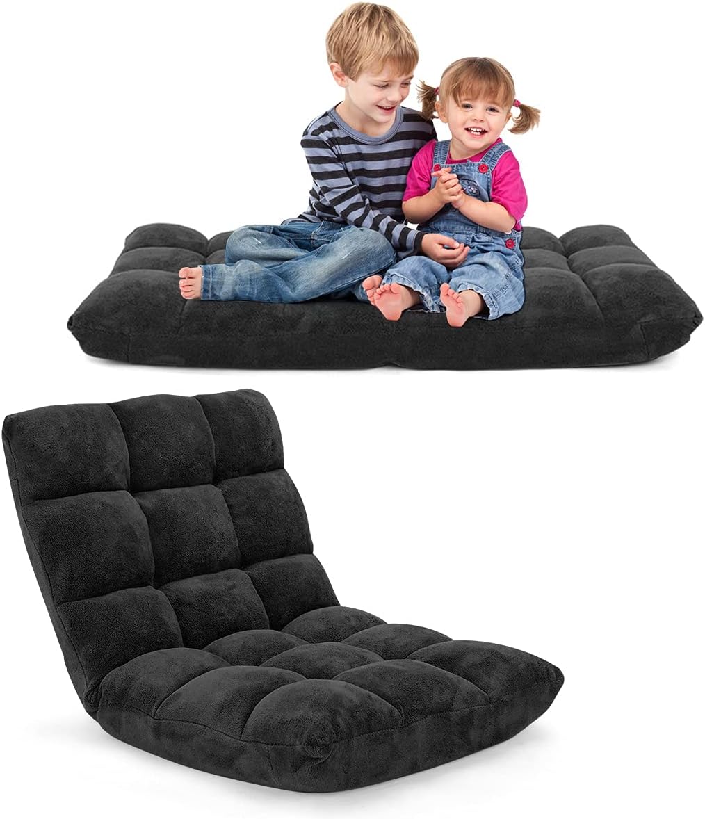Adjustable 14-Position Floor Chair, Padded Gaming Sofa Chair, Transformable Folding Sleeper Lounge, High Back Lazy Sofa, Great for Reading, Gaming, Meditation (Black)