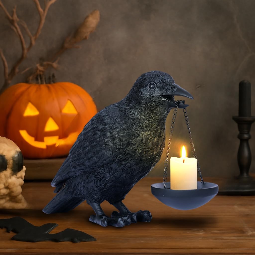 Dlfghos Gothic Home Decor Raven Lamp Tealight Candle Holder Halloween Decorations Indoor Fake Crow Light Holder Resin Black Bird Statue for Living Room Fireplace Entrance Holiday Spooky Ornaments