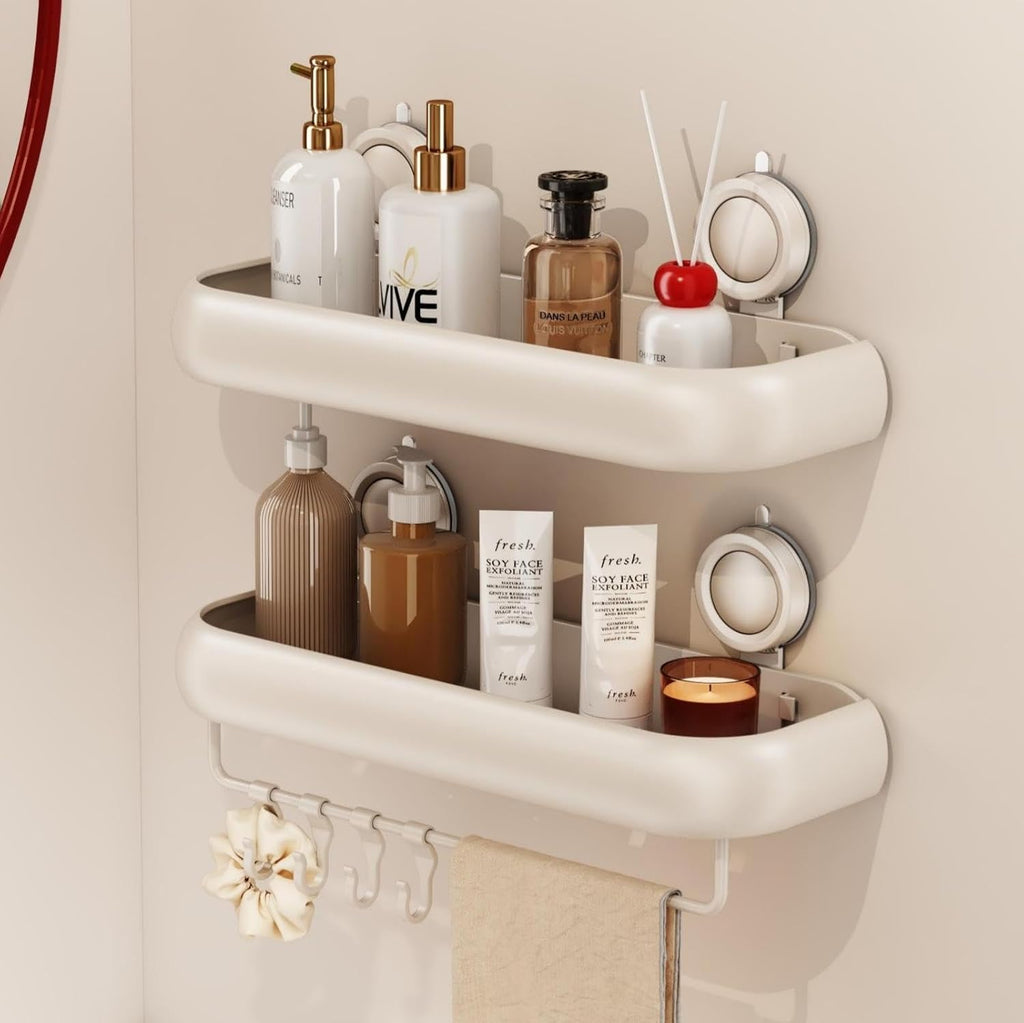 Shower Caddy Suction Cup, 2 Pack No Drilling Corner Shower Shelves, Rust Proof Bathroom Storage Organizer, Shower Corner Caddy with Removable Hooks and Towel Bar, Square, Cream