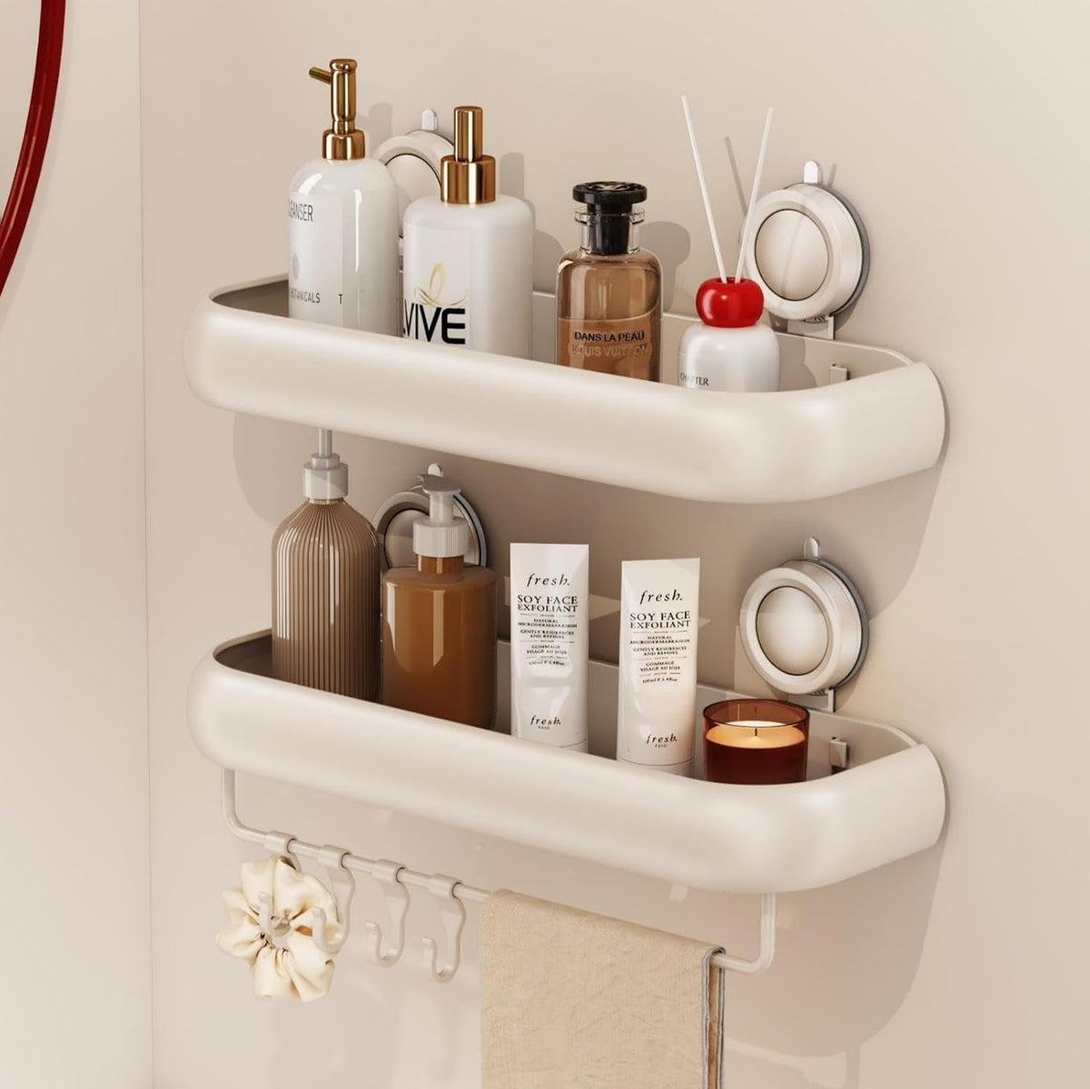 Shower Caddy Suction Cup, 2 Pack No Drilling Corner Shower Shelves, Rust Proof Bathroom Storage Organizer, Shower Corner Caddy with Removable Hooks and Towel Bar, Square, Cream