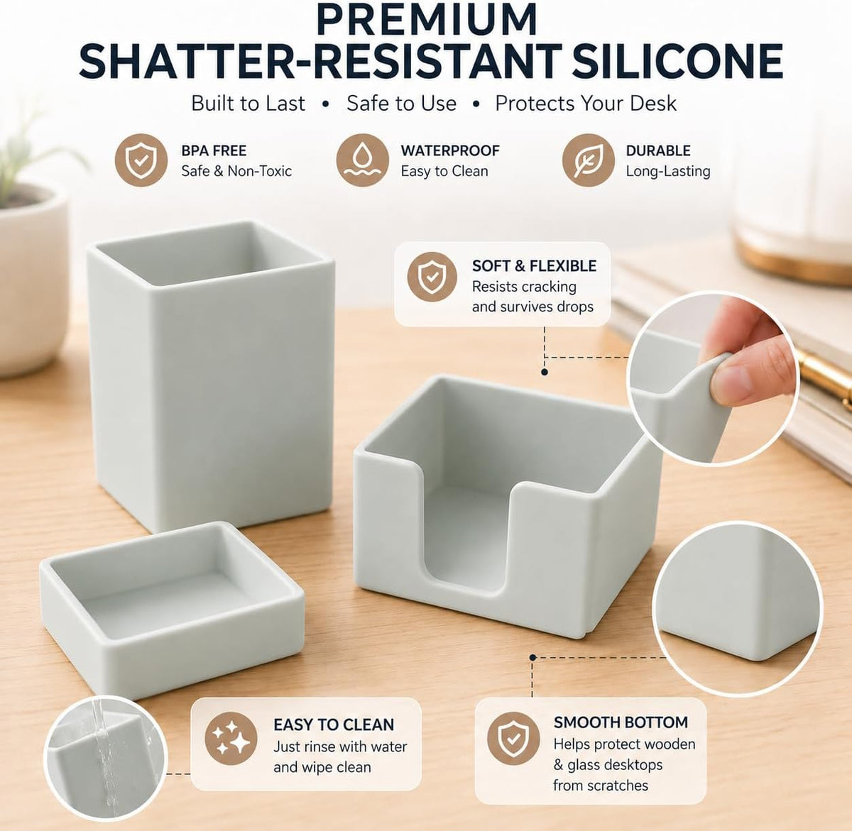 minimaliving Aesthetic Silicone Desk Organizer Set of 3,Modern Office Desk Accessories with Pen Holder,Paperclip Tray,Sticky Note Holder,Stylish Functional Office Desk Decor for Back-to-school(Grey)