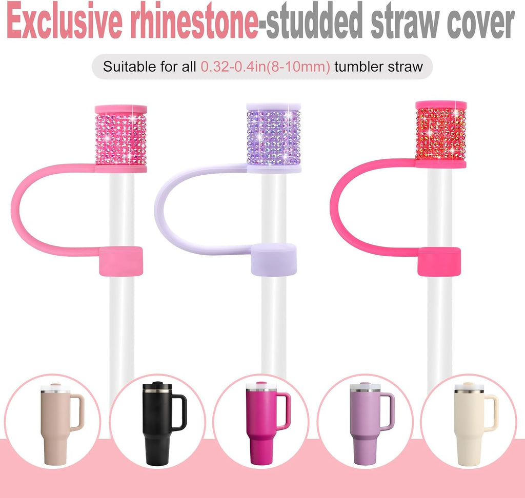 Rhinestone Stanley Cup Accessories Set Including 0.4in Bling Straw Covers, Spill Proof Stopper, Diamond Glitter Silicone Boot for Stanley Accessories 30oz (Fit 30 oz, Peony)