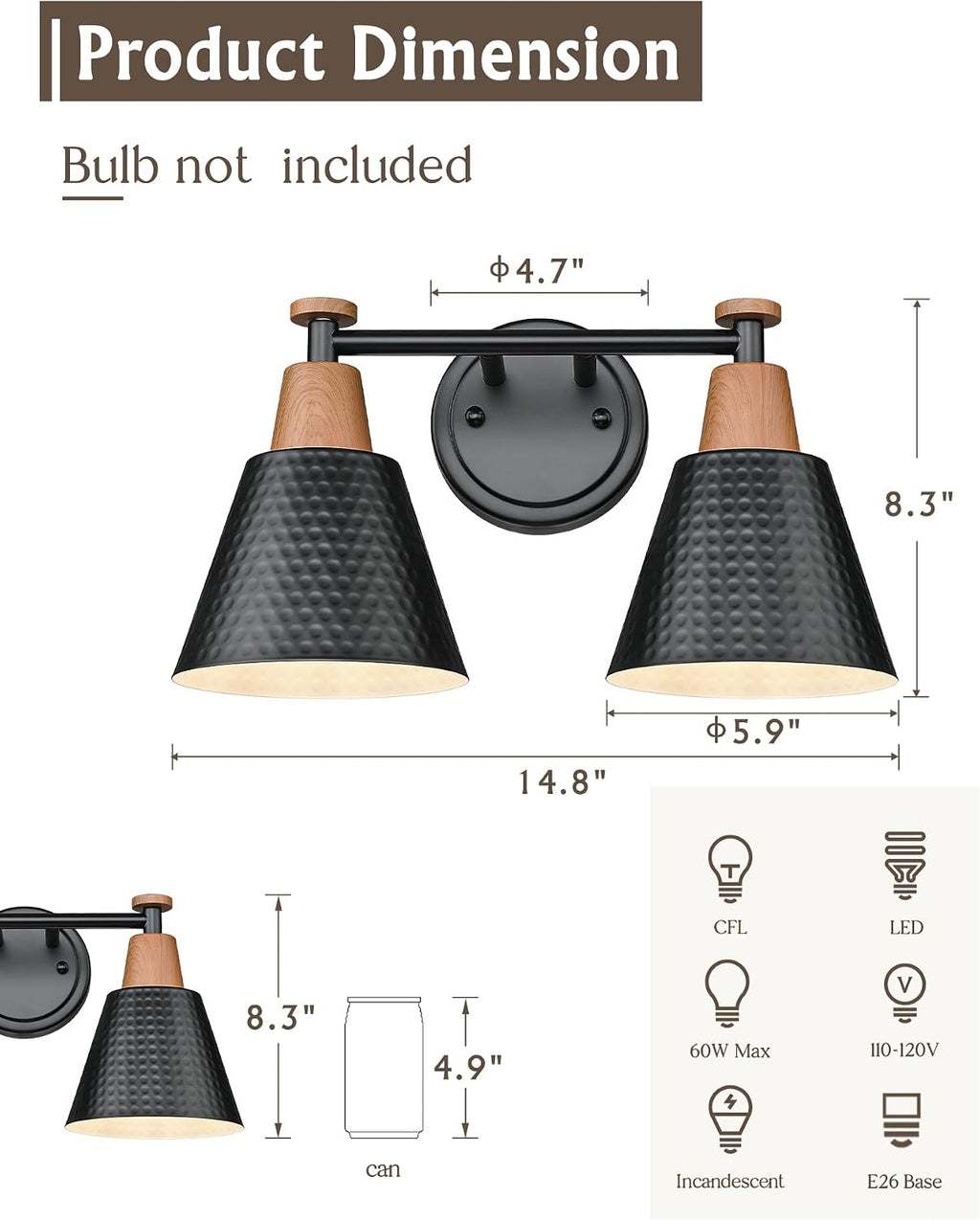 FEMILA Modern 2 Light Bathroom Vanity Lights, Industrial Bathroom Light Fixtures Over Mirror, Black Vanity Lighting Fixtures, Woodgrain Finish, 4FG59B-2W BK-NW