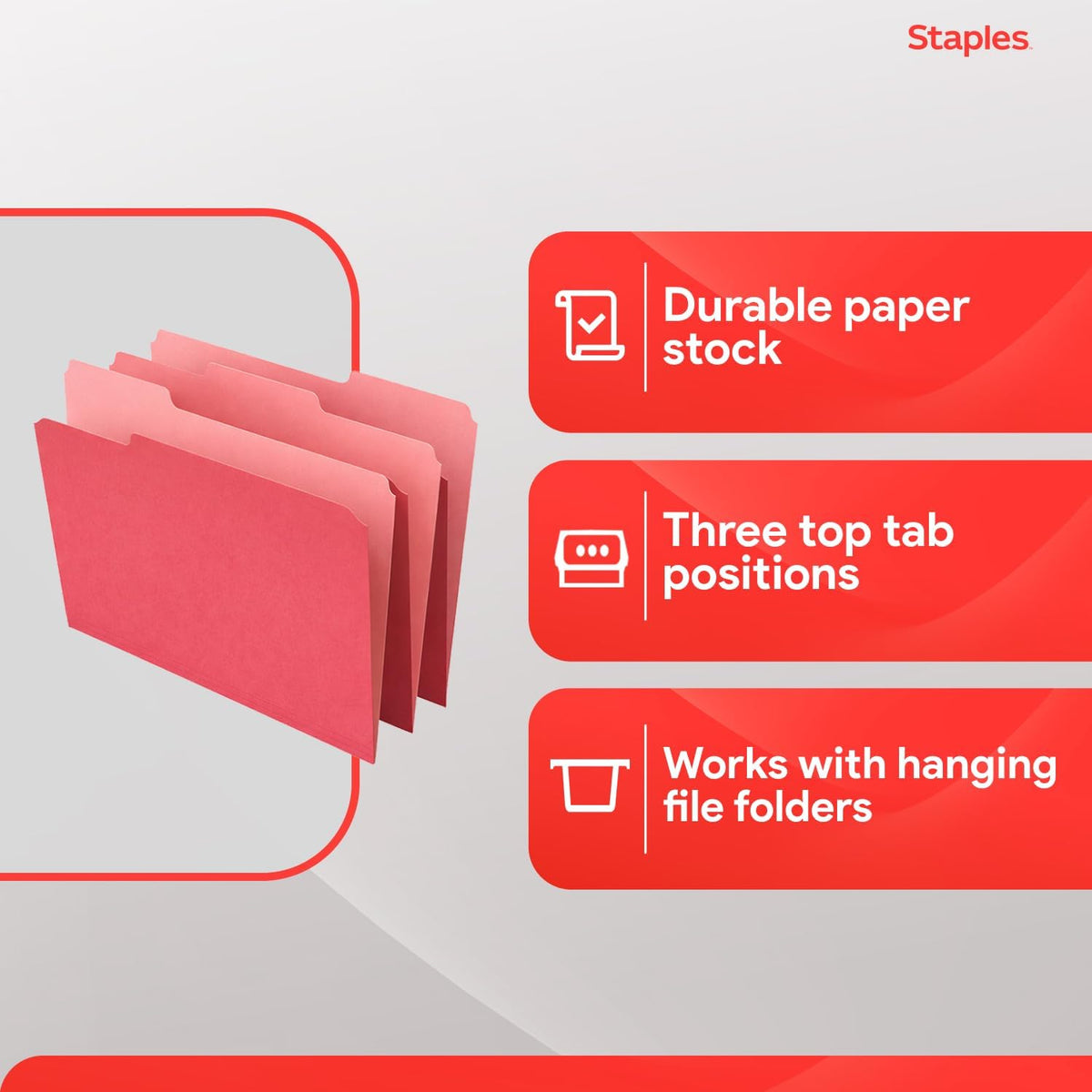 Staples File Folders, Letter Size, 1/3-Cut Tabs, Red, 100/Pack