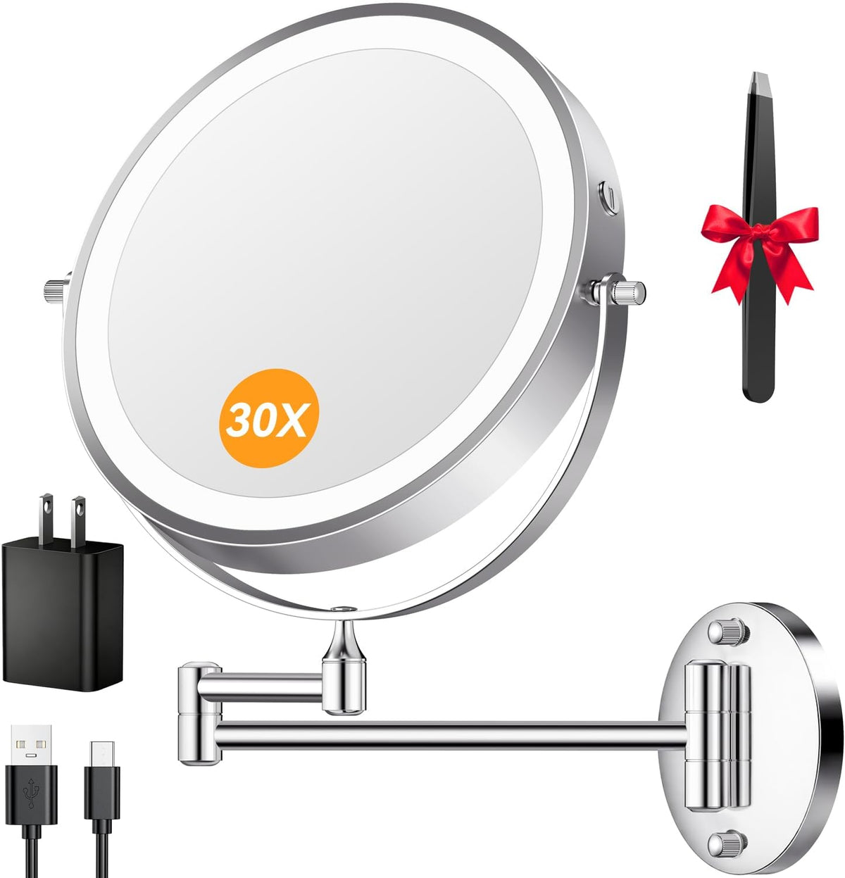 Auxmir 9″ 5000mAh 1X/30X Wall Mounted Lighted Magnifying Makeup Mirror