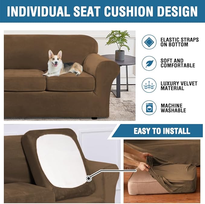 H.VERSAILTEX Modern Velvet Plush 4 Piece High Stretch Sofa Slipcover Furniture - Image 7