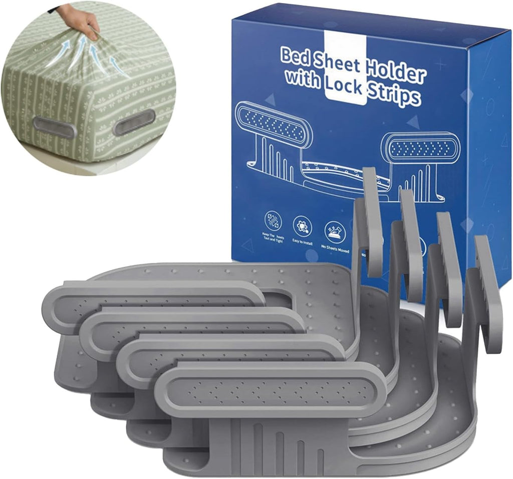Upgraded Sheet Fasteners with Sheet Locks – Thickened and Reinforced Sheet Fasteners, 4 Pcs, Easy to Install, Suitable for All Mattresses, Reusable (Gray)