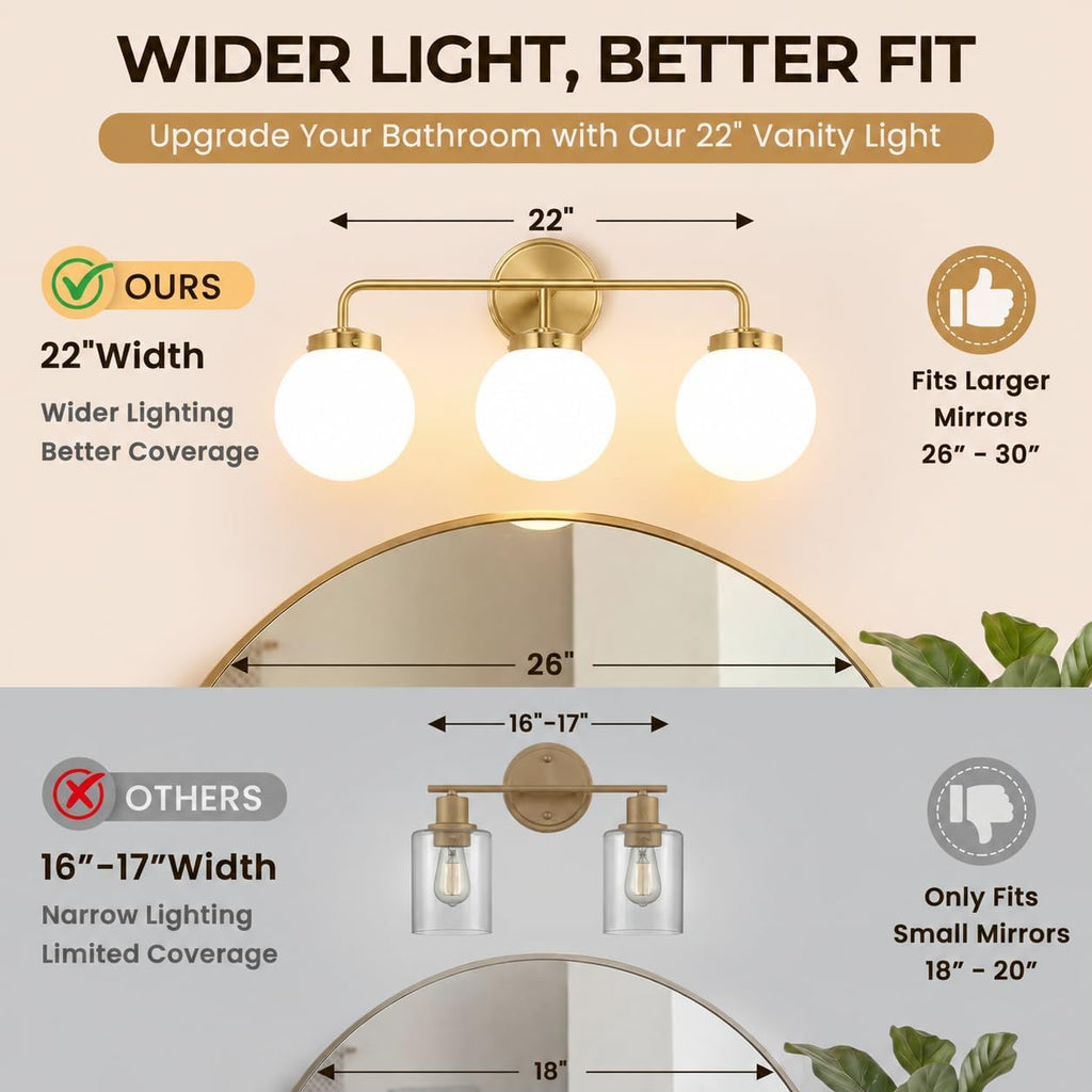 Modern Brushed Gold Vanity Lights for Bathroom, Mid Century 3 Light Bathroom Vanity Light with Globe Milky White Glass Shade Over Mirror, Brass Wall Sconce for Bathroom Hallway Living Room Bedroom