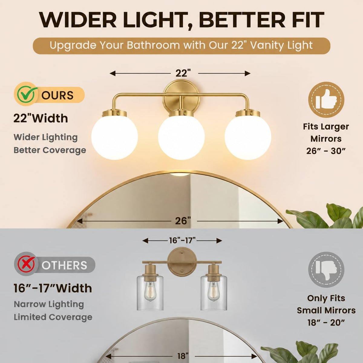 Modern Brushed Gold Vanity Lights for Bathroom, Mid Century 3 Light Bathroom Vanity Light with Globe Milky White Glass Shade Over Mirror, Brass Wall Sconce for Bathroom Hallway Living Room Bedroom