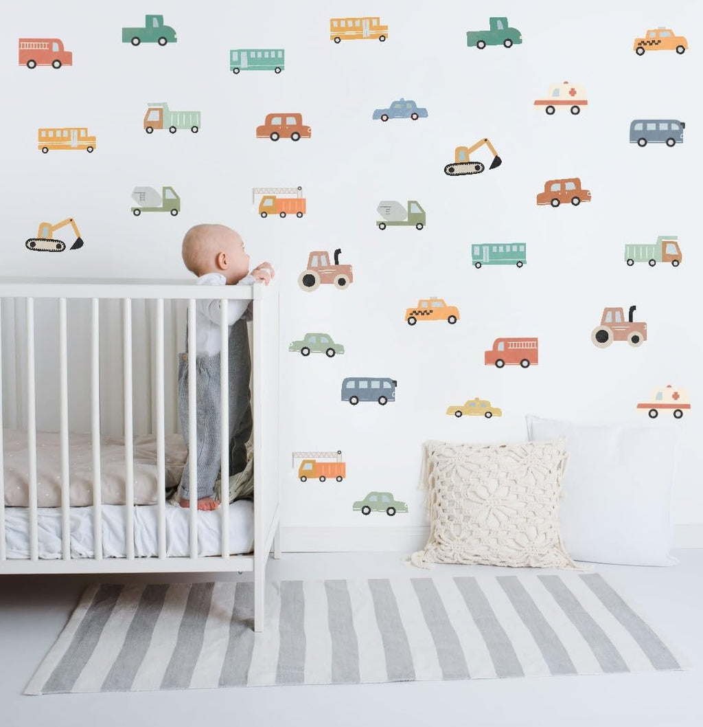 YIMEHDAN Watercolor Transportation Vehicle Wall Decals,Truck Tractor Excavator Bus Vinyl Wall Stickers, Self-Adhesive Cartoon Construction Car Artwork for Boys Bedroom Playroom Decor