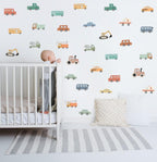 YIMEHDAN Watercolor Transportation Vehicle Wall Decals,Truck Tractor Excavator Bus Vinyl Wall Stickers, Self-Adhesive Cartoon Construction Car Artwork for Boys Bedroom Playroom Decor