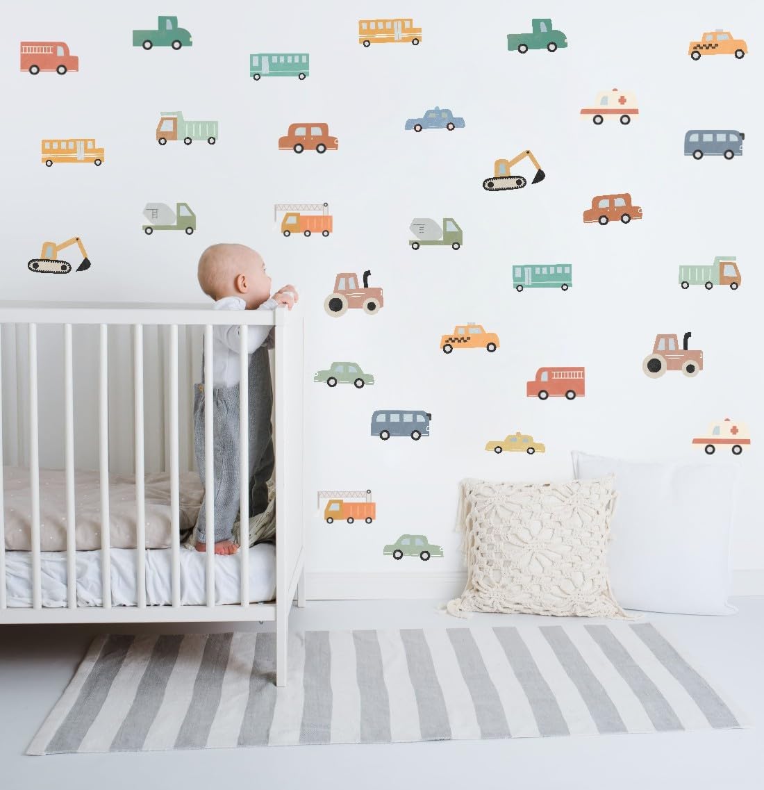 YIMEHDAN Watercolor Transportation Vehicle Wall Decals,Truck Tractor Excavator Bus Vinyl Wall Stickers, Self-Adhesive Cartoon Construction Car Artwork for Boys Bedroom Playroom Decor