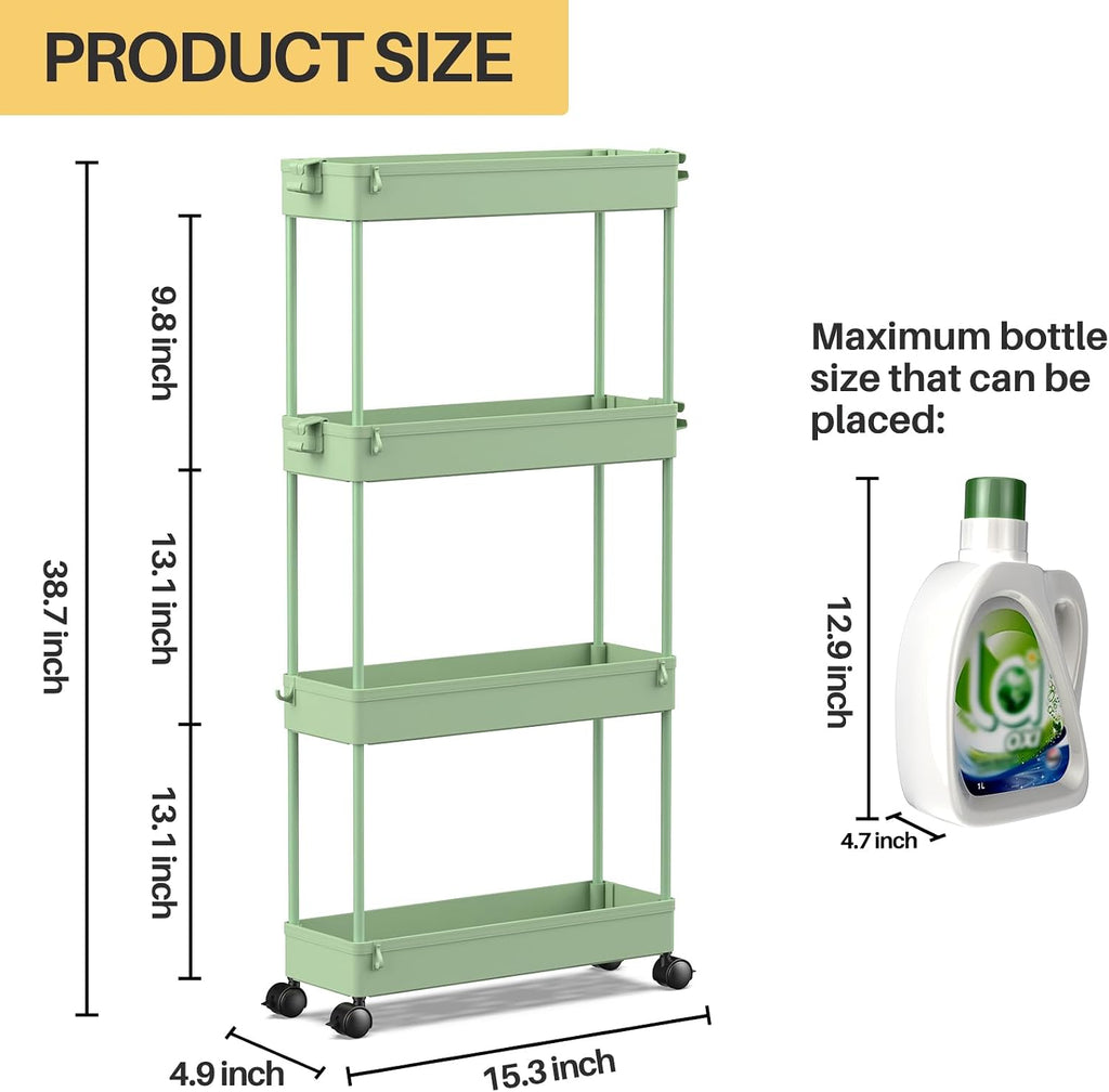 SPACEKEEPER Slim Rolling Storage Cart, 4 Tier Bathroom Cart Organizer,Green