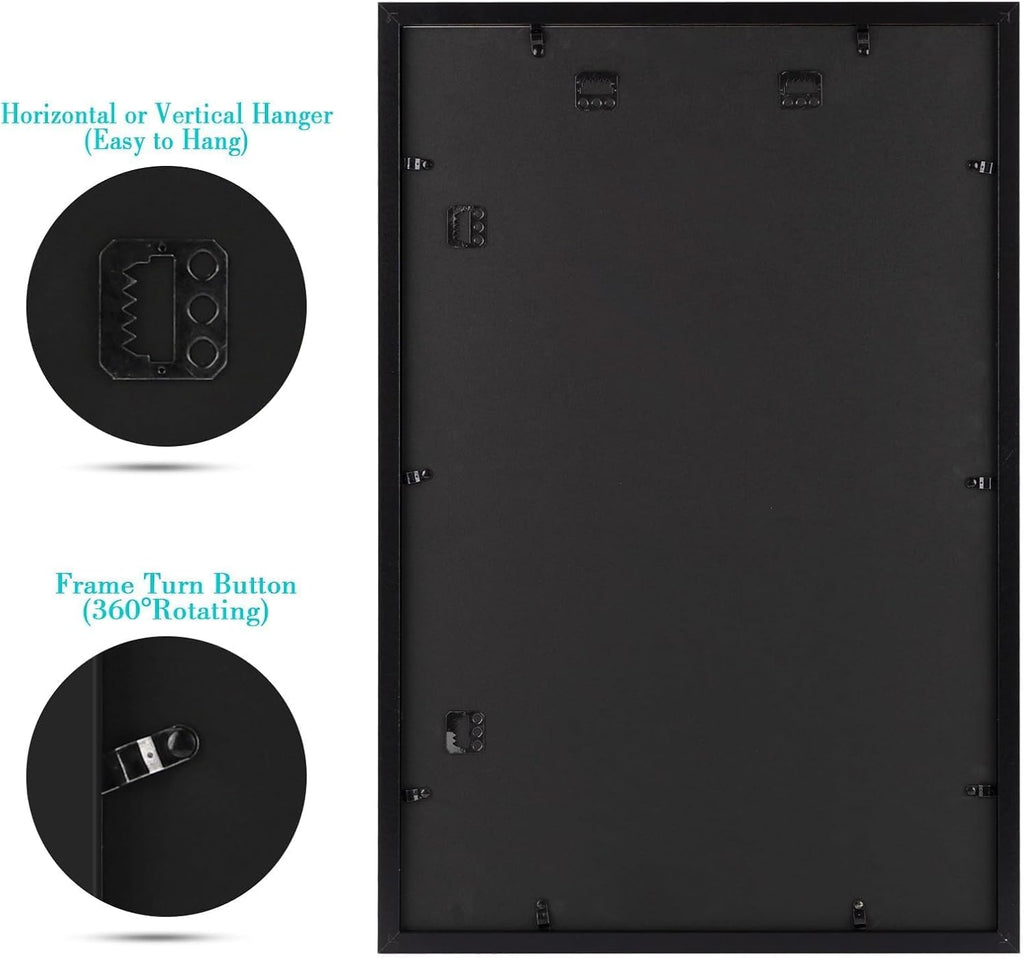 Frametory 16x24 Black Picture Frame with Real Glass Mat for 12x18