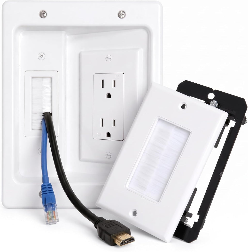 in-Wall TV Cable Management Kit with Recessed Outlet Box & Brush Wall Plate