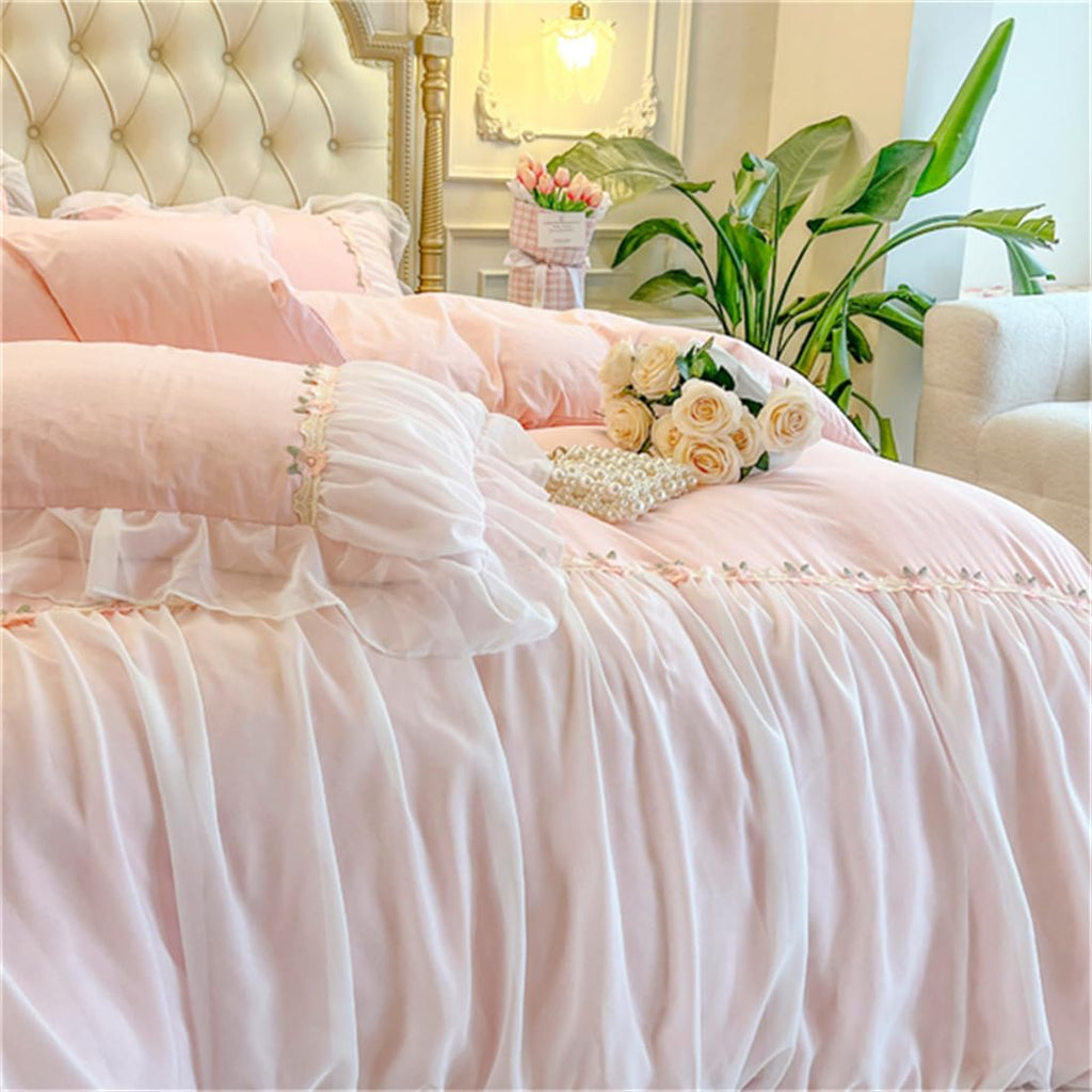 MOOWOO Pink Bedding-Romantic Ruffle Lace Bedding Set 2 Piece Comforter Twin Duvet Cover with Zipper Closure,Aesthetic Room Decor for Girls-Pink,Twin Size