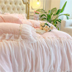 MOOWOO Pink Bedding-Romantic Ruffle Lace Bedding Set 2 Piece Comforter Twin Duvet Cover with Zipper Closure,Aesthetic Room Decor for Girls-Pink,Twin Size