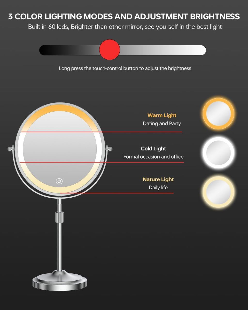 9" Tall Lighted Makeup Mirror with Lights and 1X 10X Magnification, Chrome