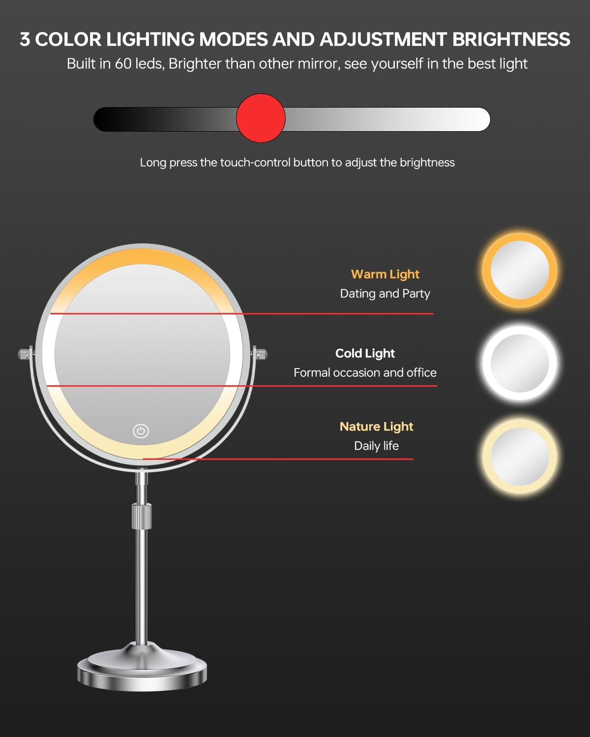 9" Tall Lighted Makeup Mirror with Lights and 1X 10X Magnification, Chrome