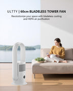 ULTTY Bladeless Tower Fan and Air Purifier Combo, Quiet Oscillating Fan with Remote & Touch Control, 9 Speeds, 8H Timer, HEPA Air Filter, Safe Floor Fan for Bedroom Home Office White, 23.5"inch