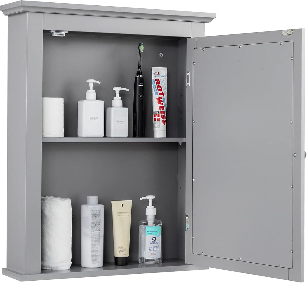 Bathroom Mirror Cabinet, Wall Mounted Cabinet with Mirror Door, Adjustable Shef, Round Knob, Space Saving Wood Medicine Cabinet for Kitchen (Grey)