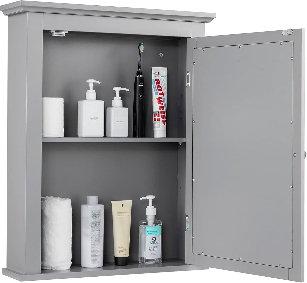 Bathroom Mirror Cabinet, Wall Mounted Cabinet with Mirror Door, Adjustable Shef, Round Knob, Space Saving Wood Medicine Cabinet for Kitchen (Grey)