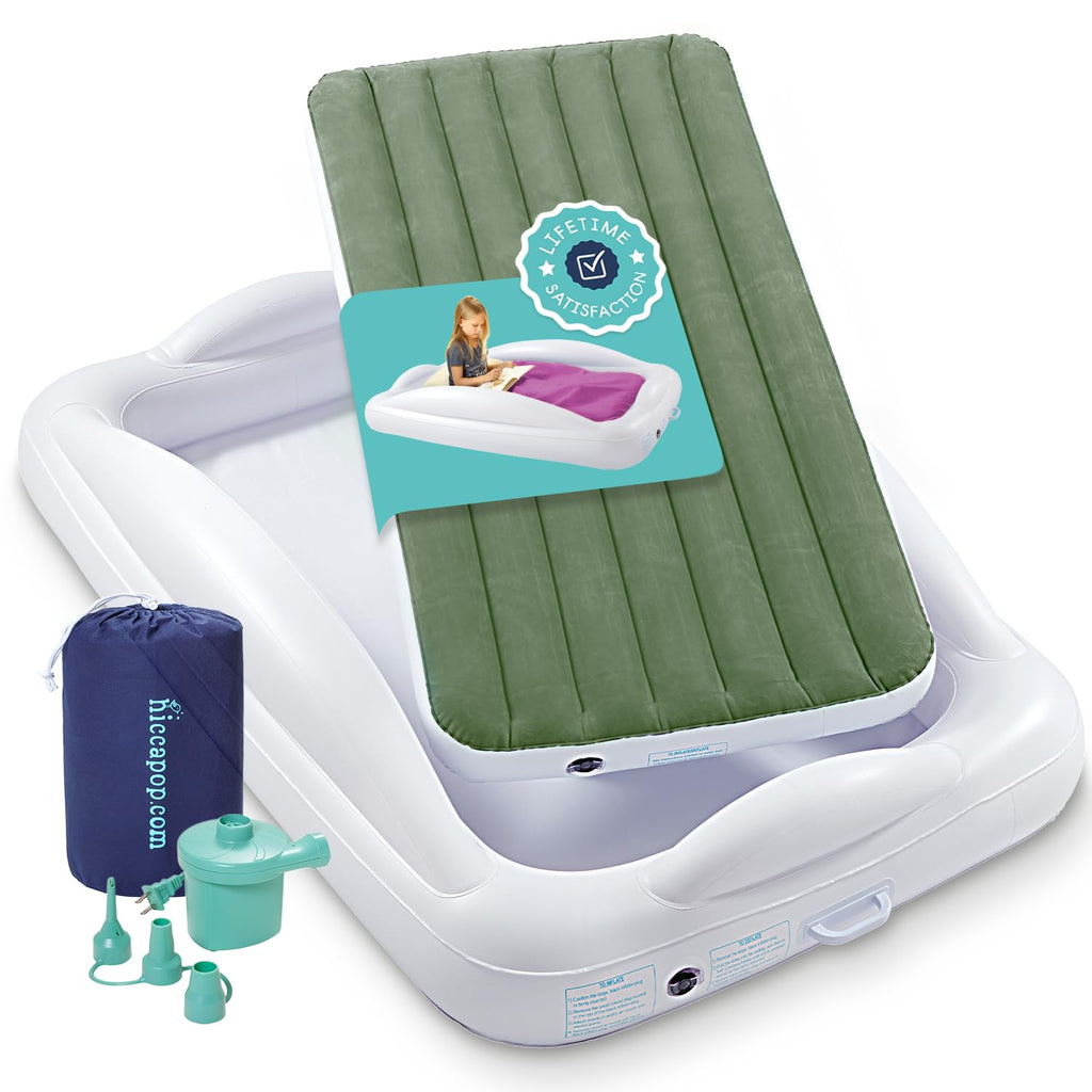 Hiccapop Inflatable Toddler Bed with Safety Bumpers, Kids Travel Bed, Blue