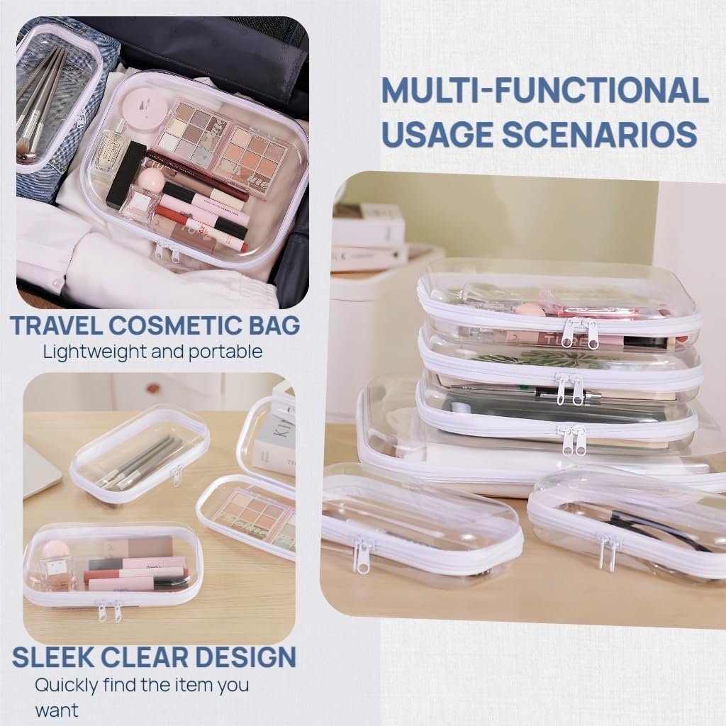 3PCS Clear Hard Plastic Zipper Case, Double Zippers Hard Pouch, Portable Travel Organizer Bin Clear Makeup Bag for Toy Storage, Snack Bag, Cosmetics, Diaper Bag, Toiletry Bag (3PCS-M)