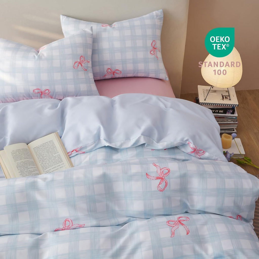 Blue Plaid Twin Comforter Set Pink Bow, Soft Microfiber Bedding